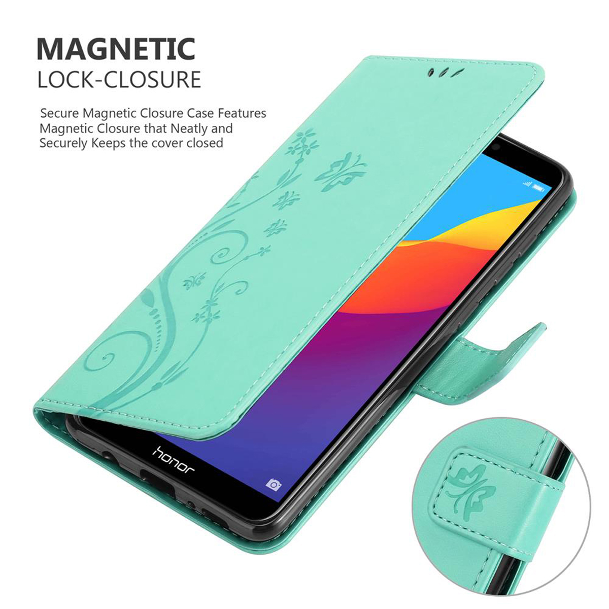Una custodia per telefono verde acqua con design floreale, con un telefono nero all'interno. Chiusura magnetica. Telefono Honor.