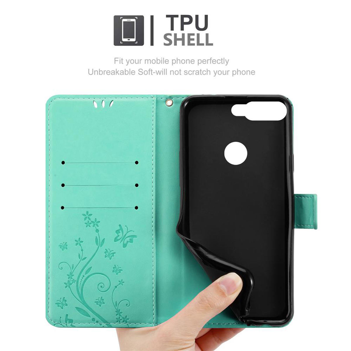 Custodia verde menta, aperta, con telefono dentro. Testo guscio TPU visibile.