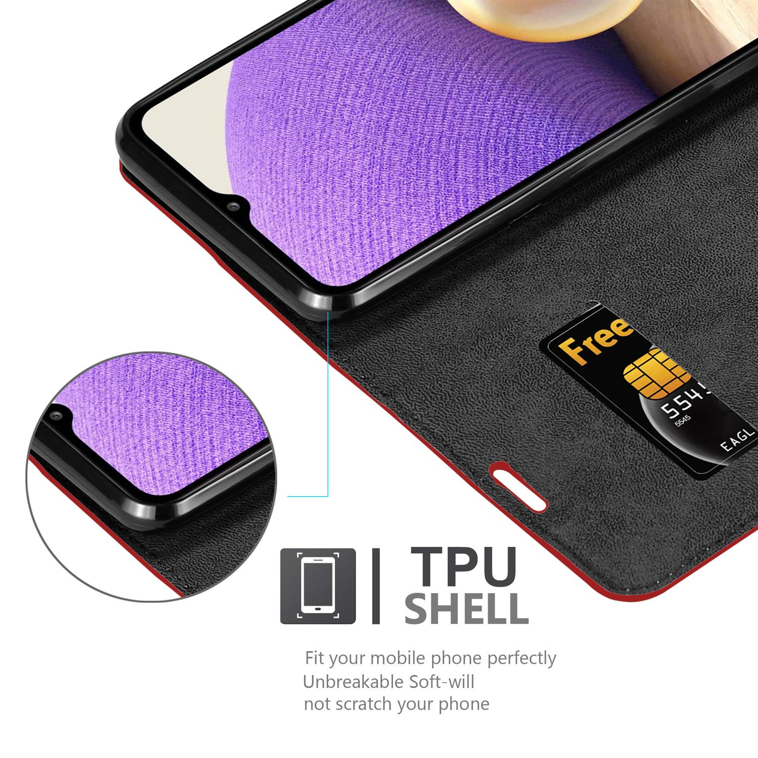 Custodia per telefono con un telefono all'interno che mostra lo schermo. Testo: "TPU Shell". Una carta è visibile.