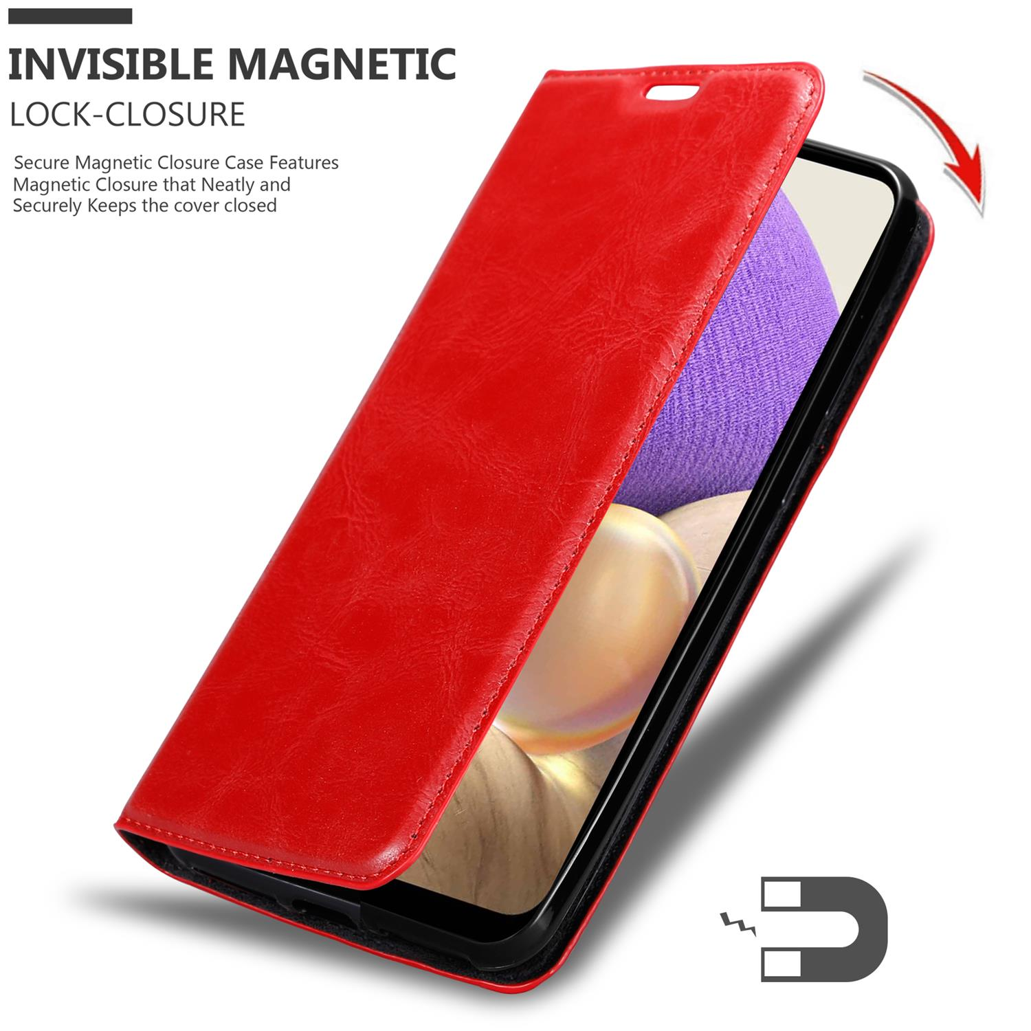 Custodia per telefono in pelle rossa aperta, con telefono all'interno. Un simbolo magnetico e il testo sulla chiusura magnetica sono mostrati.