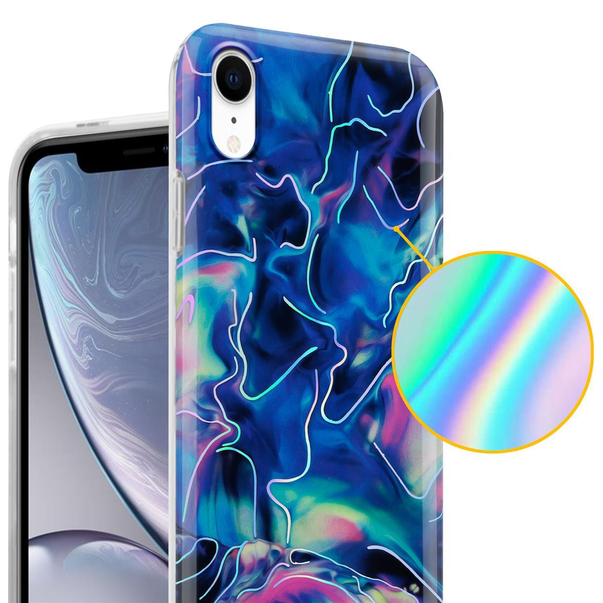 Primo piano di una custodia per telefono con un design blu e neon. Un primo piano del design è a destra.