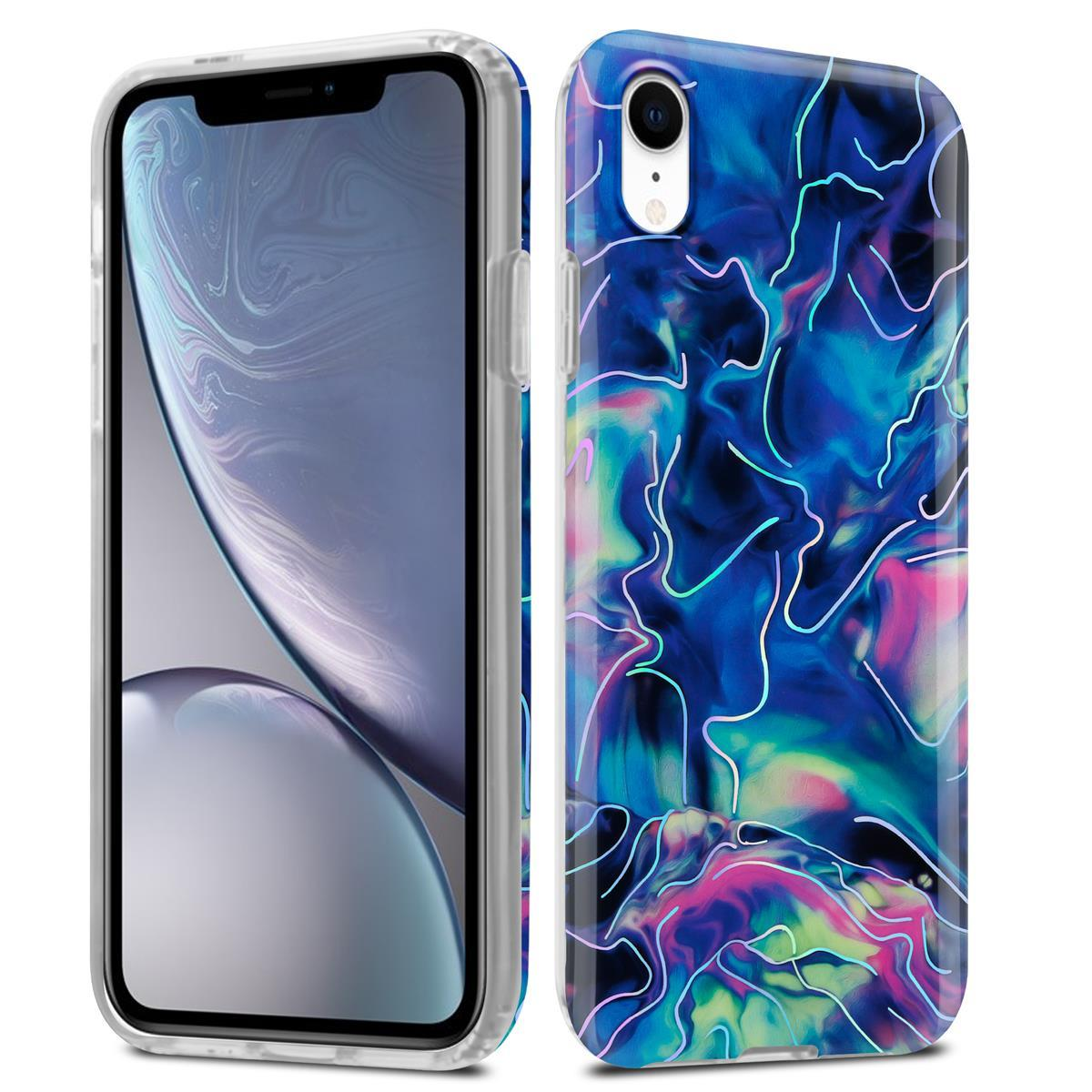 Due telefoni. Uno mostra lo schermo, l'altro la custodia con un design colorato.