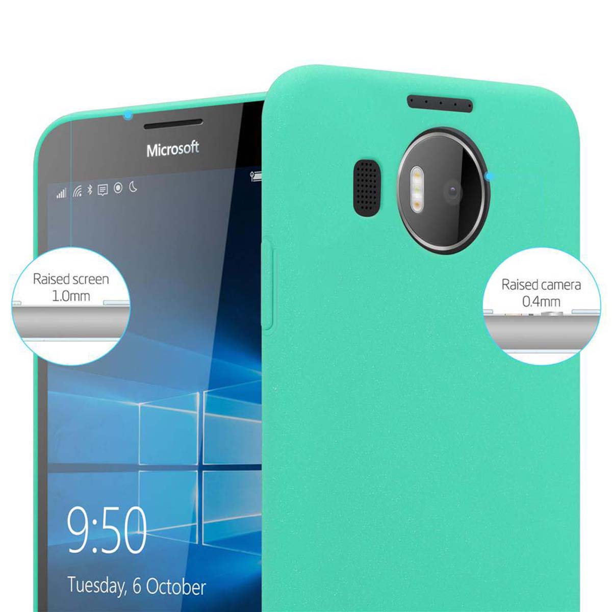 Un telefono e una custodia verde acqua. Testo: Schermo rialzato, fotocamera rialzata. Il telefono è verde acqua e mostra le 9:50.