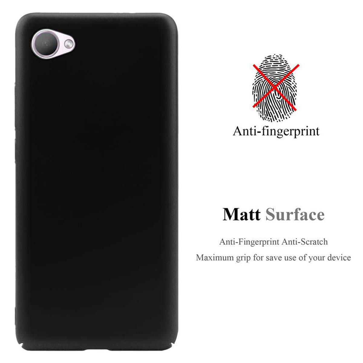 Una custodia nera e un telefono nero. La custodia è anti-impronta e ha una superficie opaca.