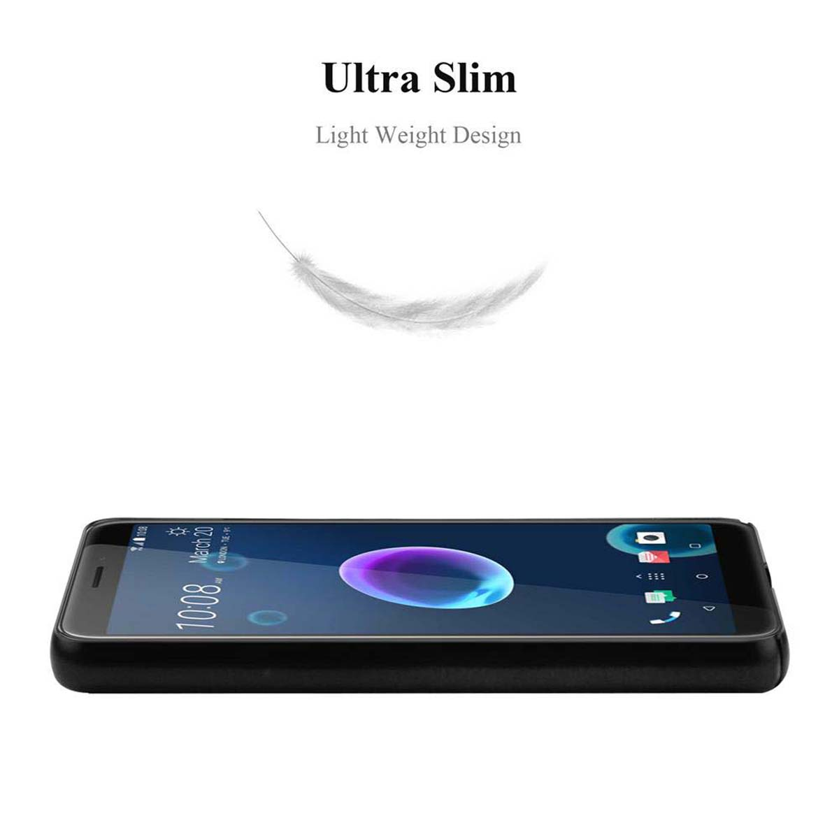 Telefono in una custodia nera, grafica a piuma sopra. Testo: Ultra Slim, Design leggero.