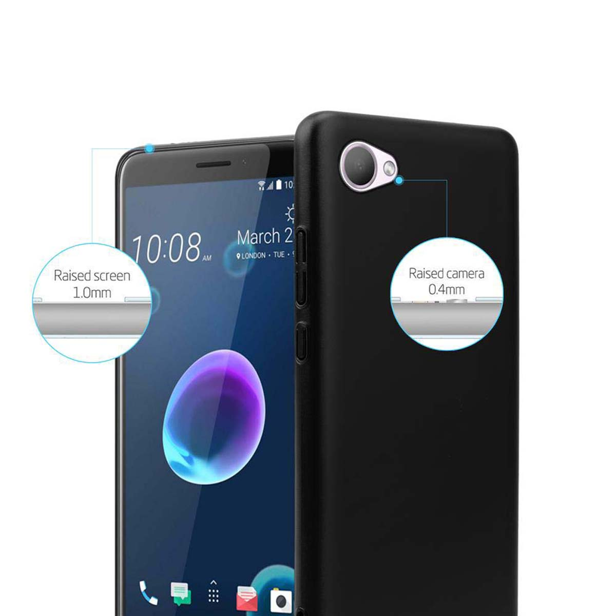 Telefono e custodia neri con caratteristiche evidenziate: schermo e fotocamera rialzati. Ora: 10:08.