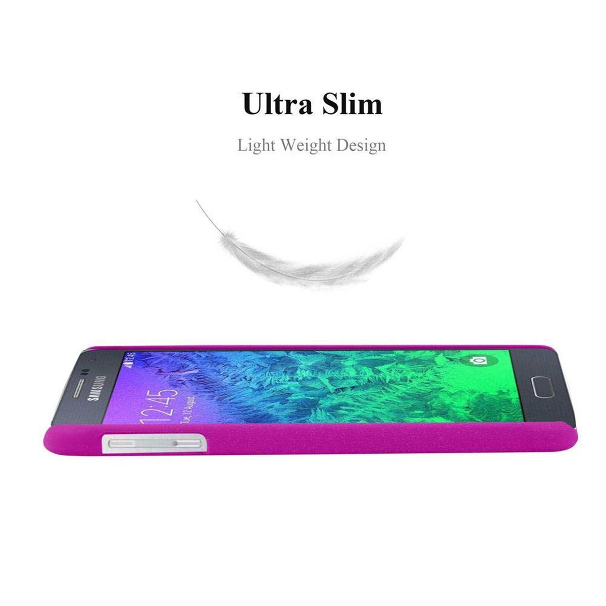 Teléfono ultradelgado con funda morada. Una pluma blanca flota sobre el teléfono.