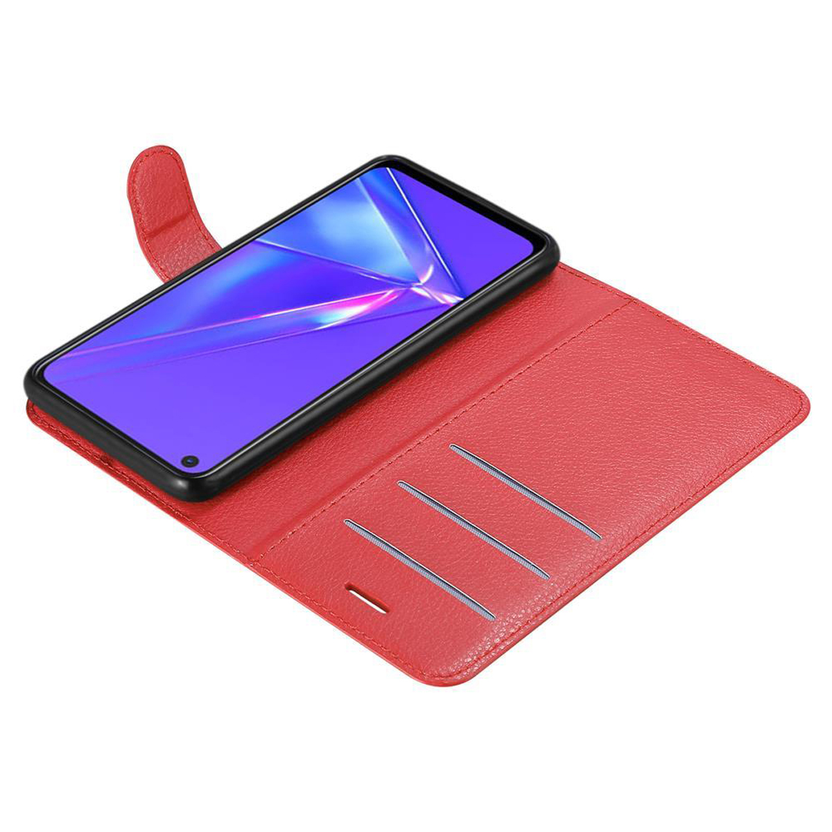 Custodia per telefono rossa aperta, con un telefono all'interno, che mostra lo schermo del telefono.