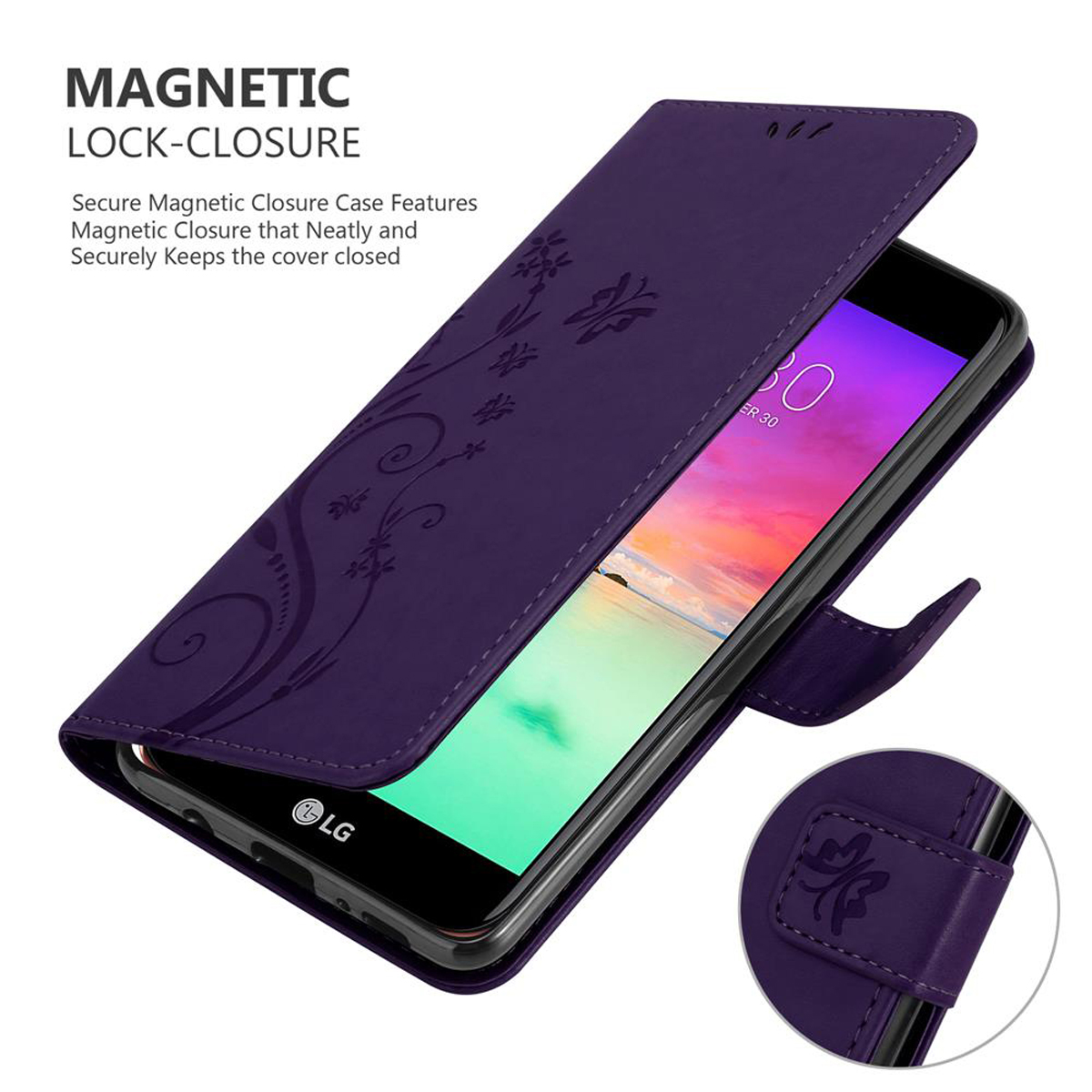 Portafoglio per telefono viola con un telefono LG. Testo: CHIUSURA MAGNETICA.