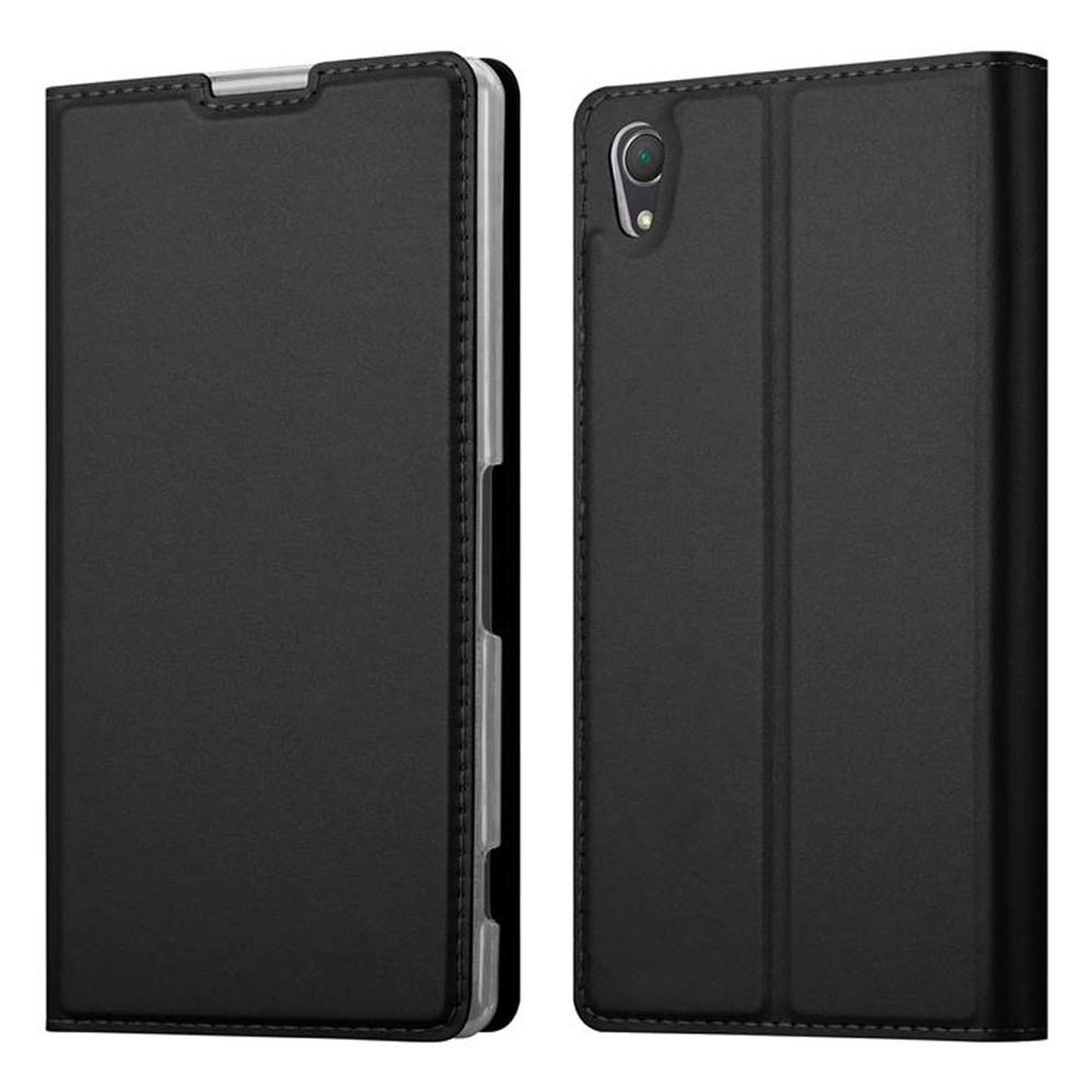 Una funda de teléfono negra con un teléfono dentro.