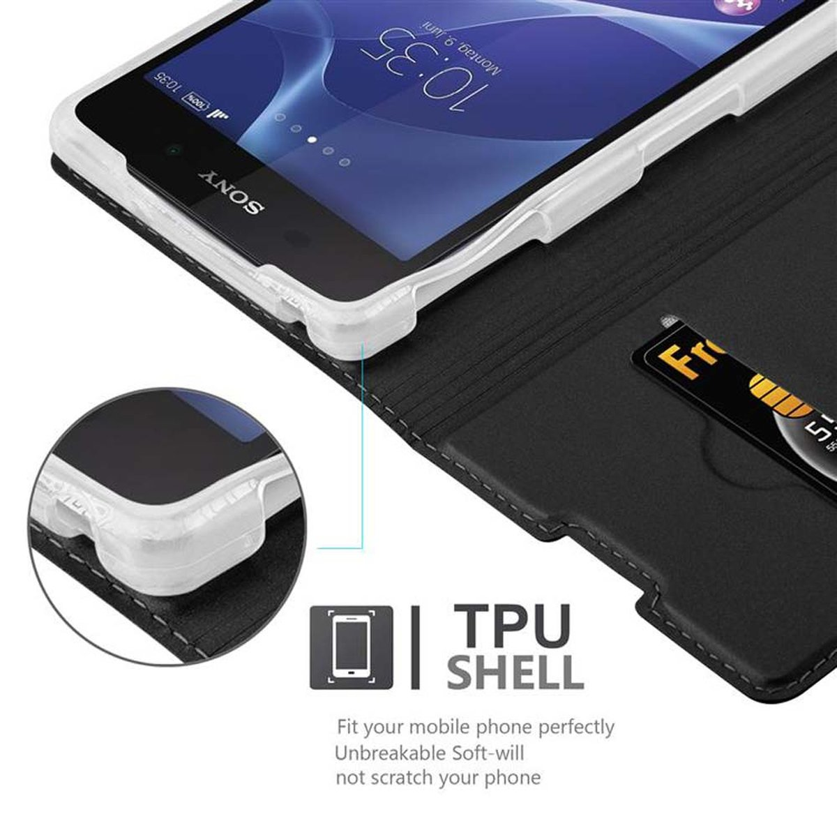 Teléfono dentro de una funda con ranura para tarjeta de crédito y tarjeta dentro. La marca es 'Sony'.
