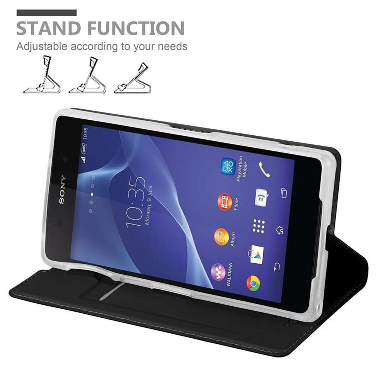 Funda negra con un teléfono Sony, muestra la hora. Función de soporte con posiciones ajustables.