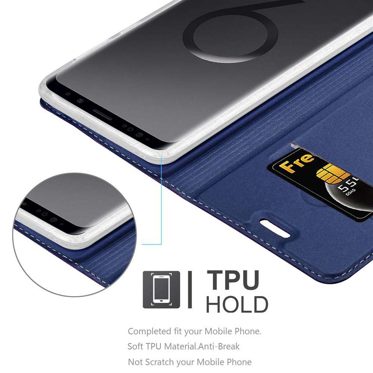 Eine Handyhülle mit Telefon darin. Die Hülle ist blau, eine SIM-Karte ist sichtbar.