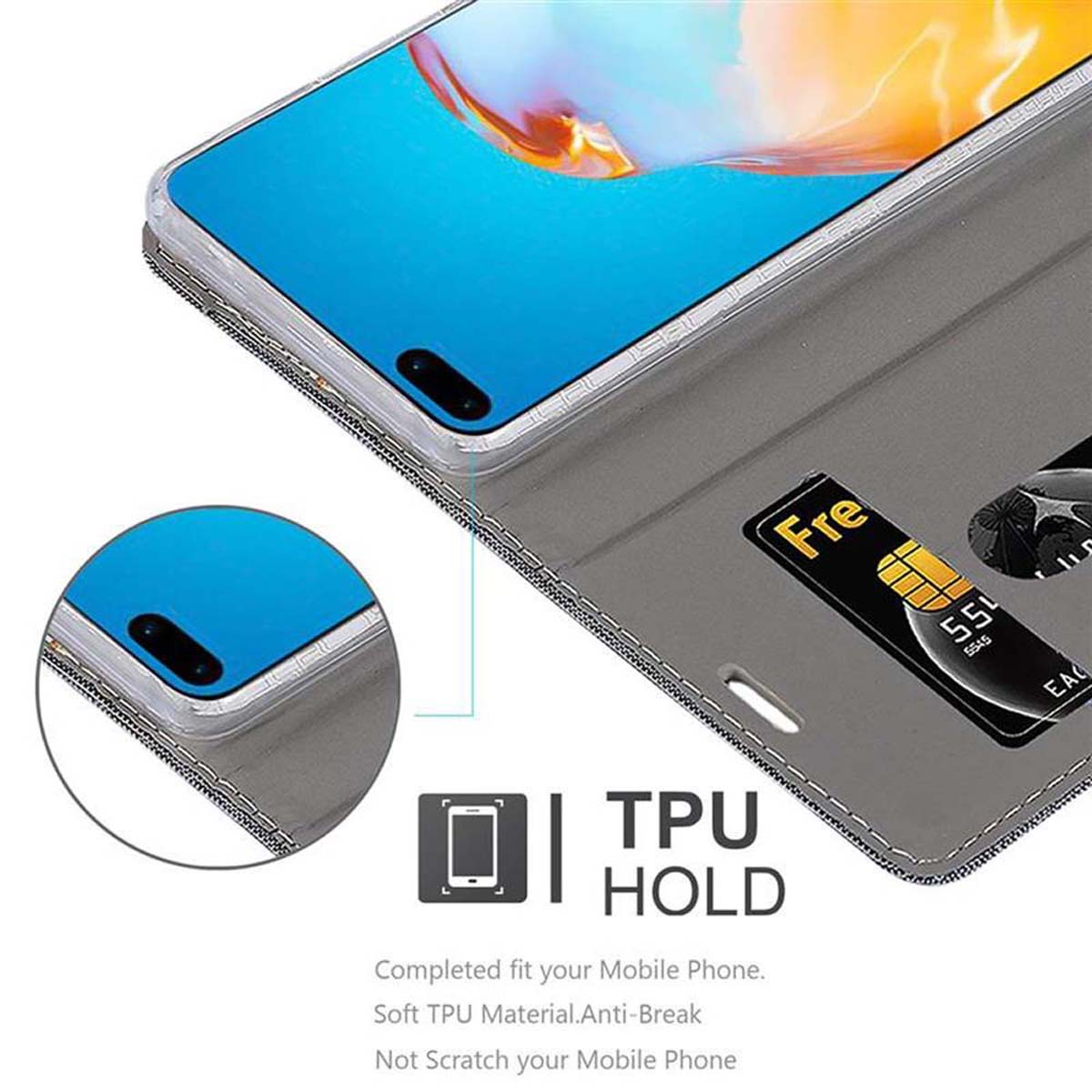 Graue Handyhülle offen, mit Handy, das einen blauen Bildschirm zeigt. Kreditkartenfach.