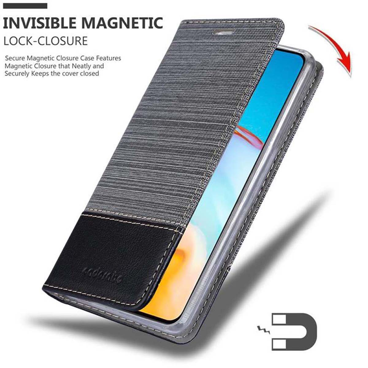 Eine Handyhülle mit magnetischem Verschluss. Die Hülle ist geöffnet und zeigt ein Telefon.
