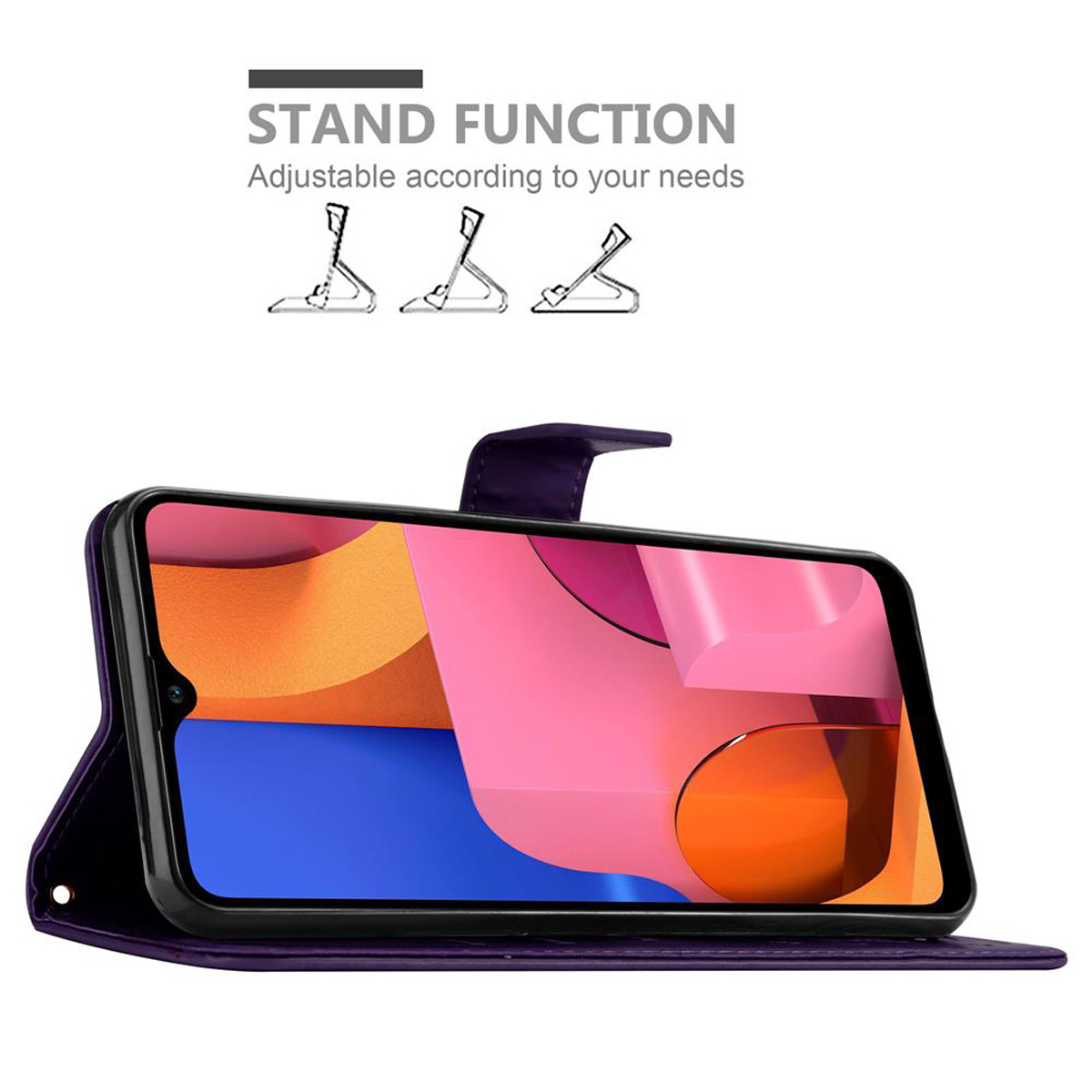 Telefono in custodia con supporto viola. Custodia aperta. Funzione supporto con diagrammi.