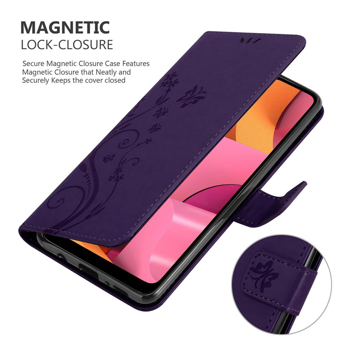 Custodia viola con design floreale e telefono. Lo schermo è visibile.