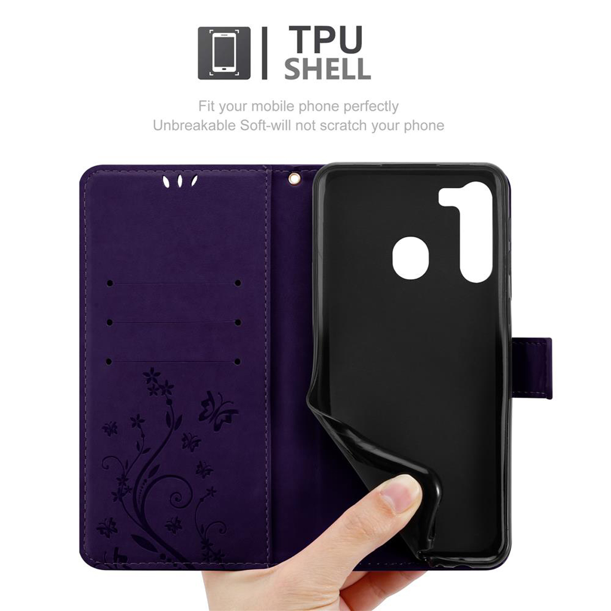 Custodia viola aperta. Una mano che tiene il telefono. Interno con design a farfalla e fessure.