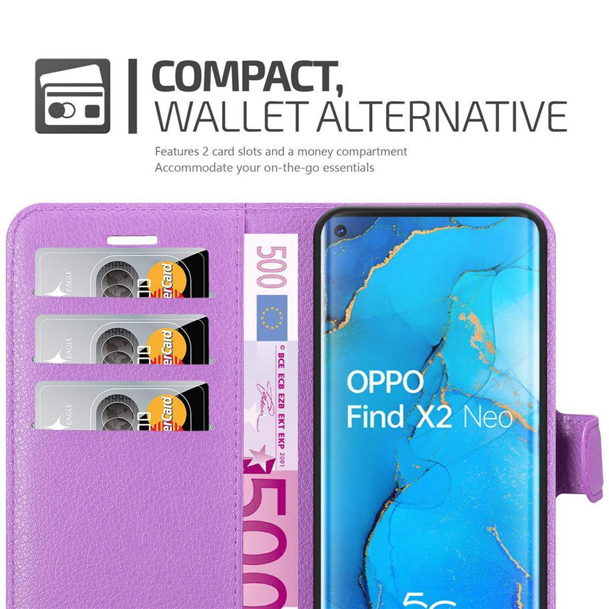Custodia viola con telefono, fessure per carte e denaro. Schermo del telefono mostra un'immagine.