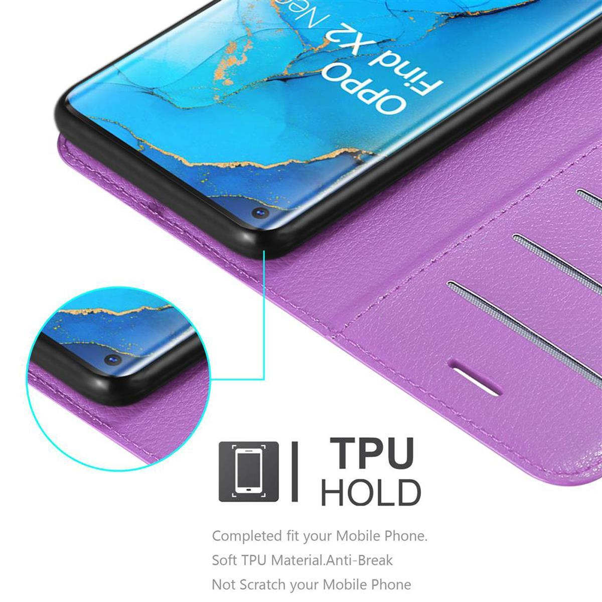 Una custodia per telefono viola con un telefono all'interno. Il testo recita TPU HOLD. Lo sfondo è un tavolo.