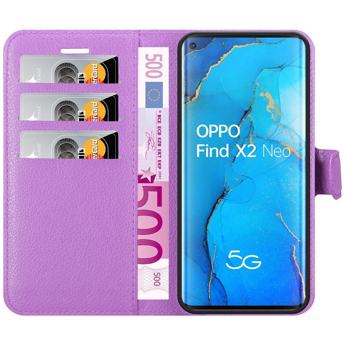 Custodia per telefono viola con carte e denaro. Il telefono mostra OPPO Find X2 Neo.