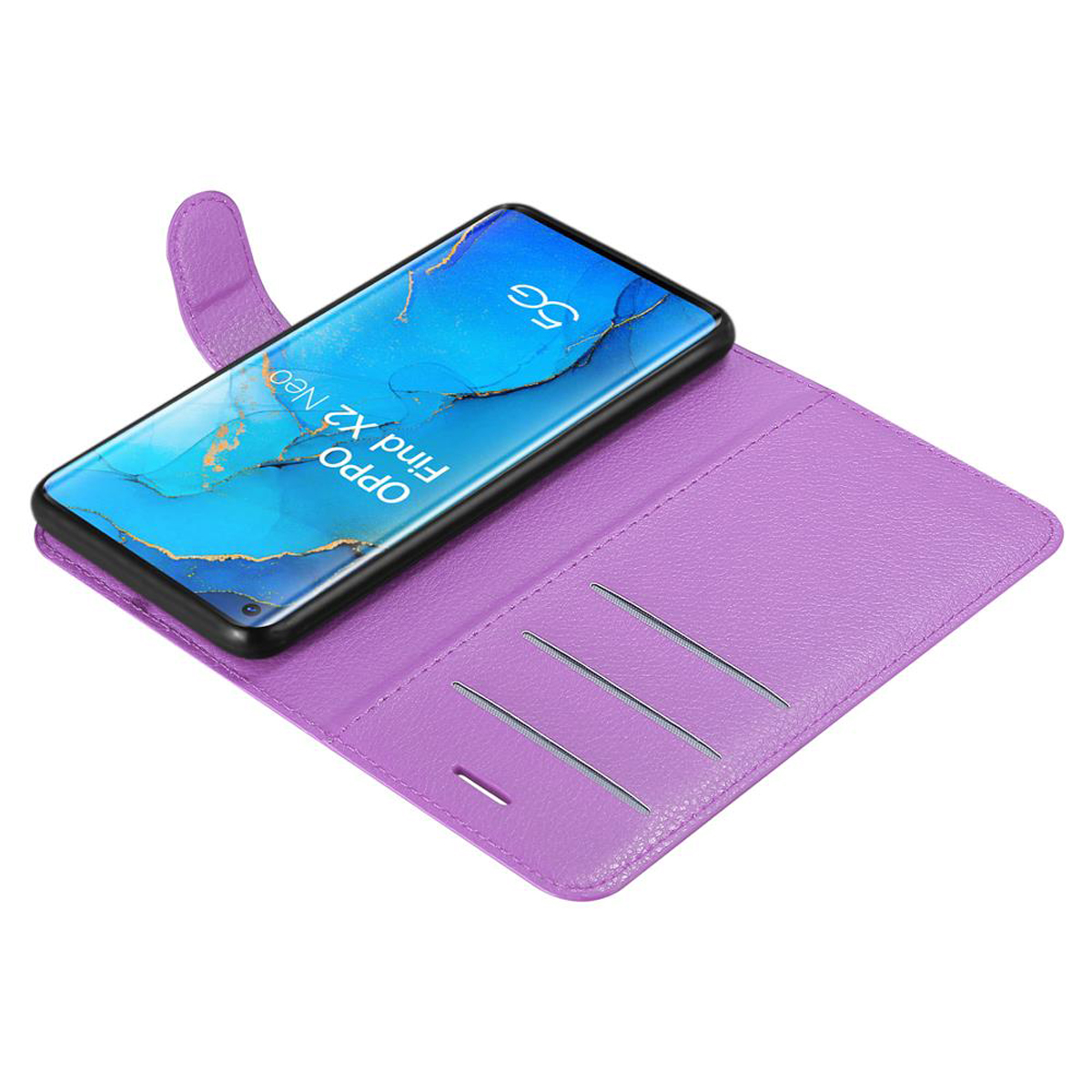 Custodia a portafoglio viola, telefono con schermo visibile. Interno con fessure per carte.