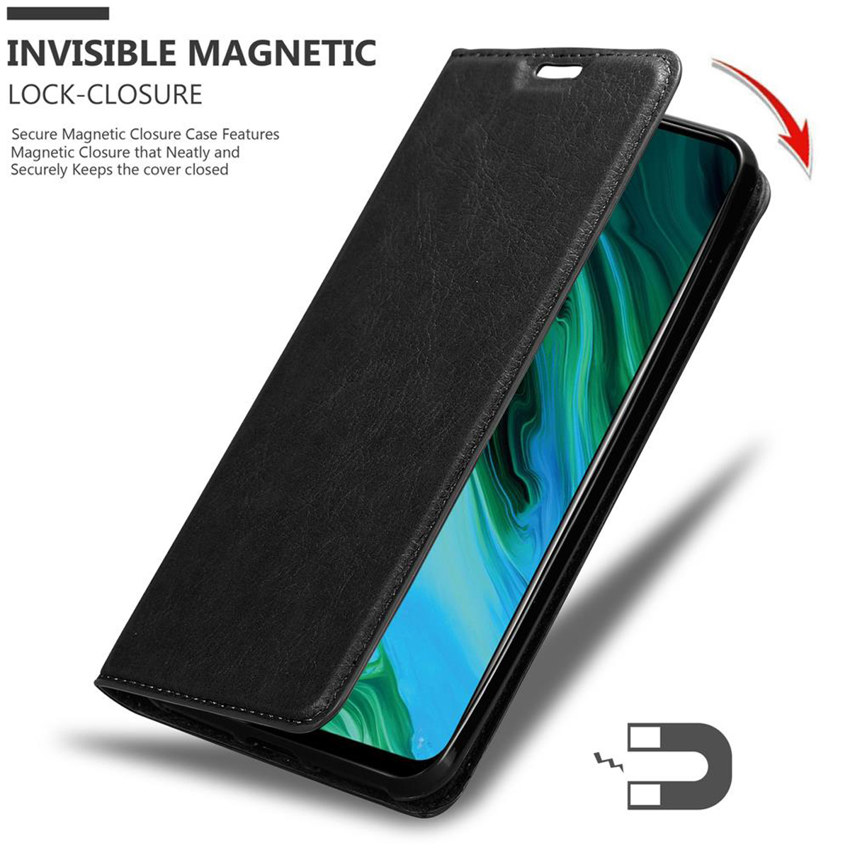 Custodia per telefono nera aperta, telefono dentro. Chiusura magnetica indicata. Sfondo bianco.