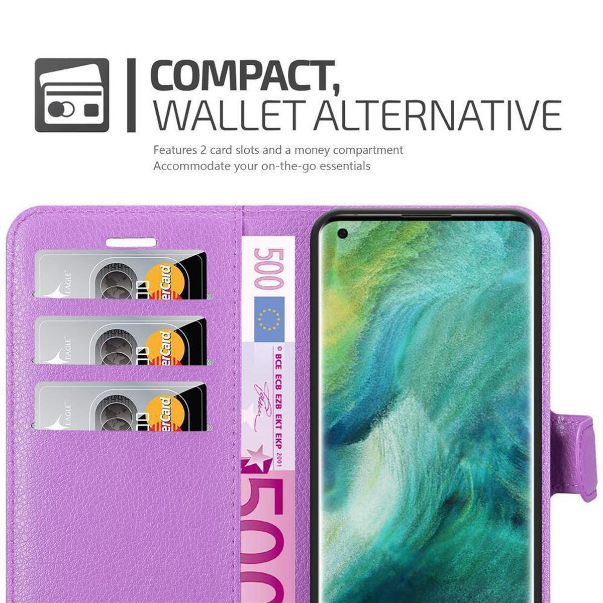 Custodia a portafoglio viola con carte di credito e una banconota da 500 euro, schermo del telefono visibile.