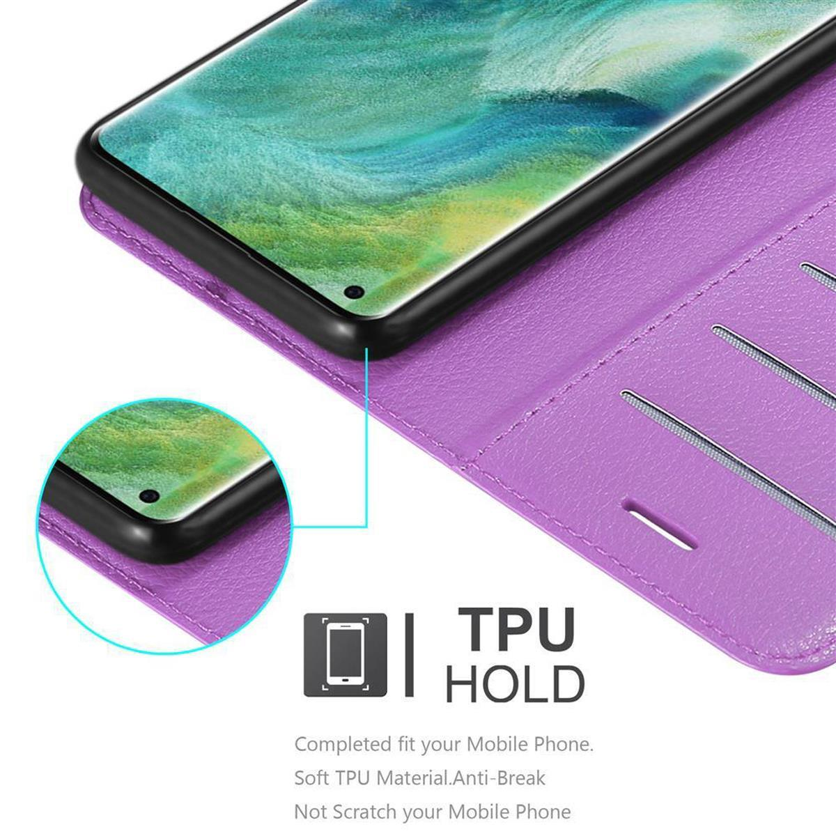 Portafoglio per telefono viola aperto con un telefono. Testo: TPU HOLD.