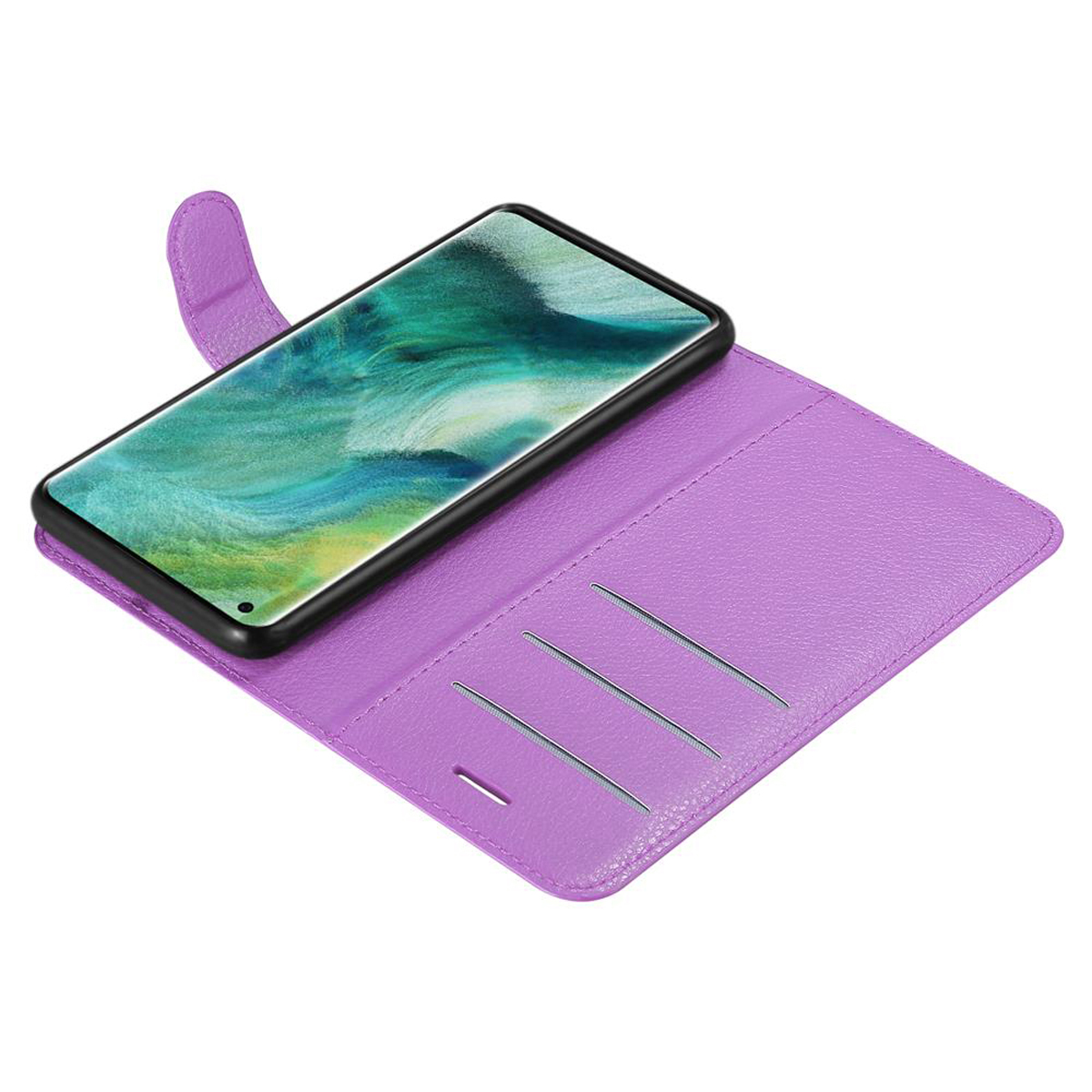 Una custodia per telefono viola viene mostrata con un telefono nero all'interno. La custodia ha fessure per carte. La custodia è aperta.