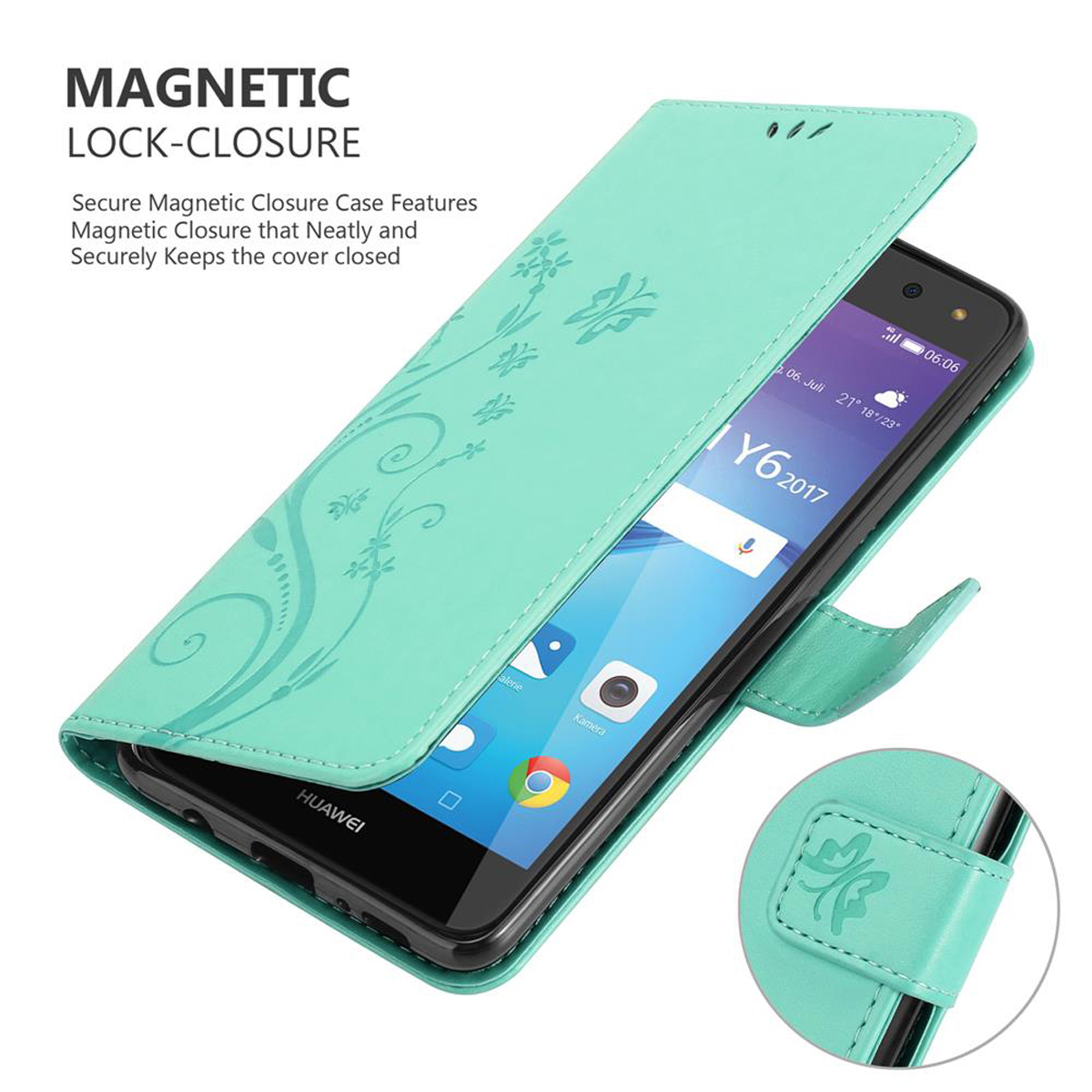 Una custodia per telefono turchese con un telefono all'interno è aperta. Presenta un motivo floreale e una chiusura magnetica.