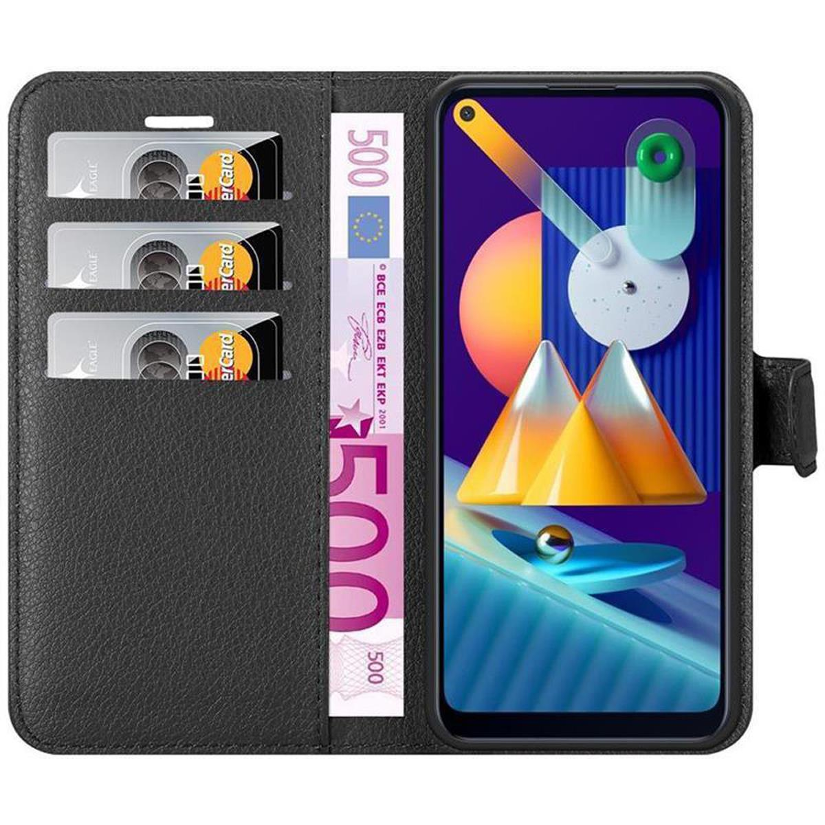 Custodia a portafoglio nera per telefono con scomparti per carte, denaro all'interno e telefono che mostra un display.