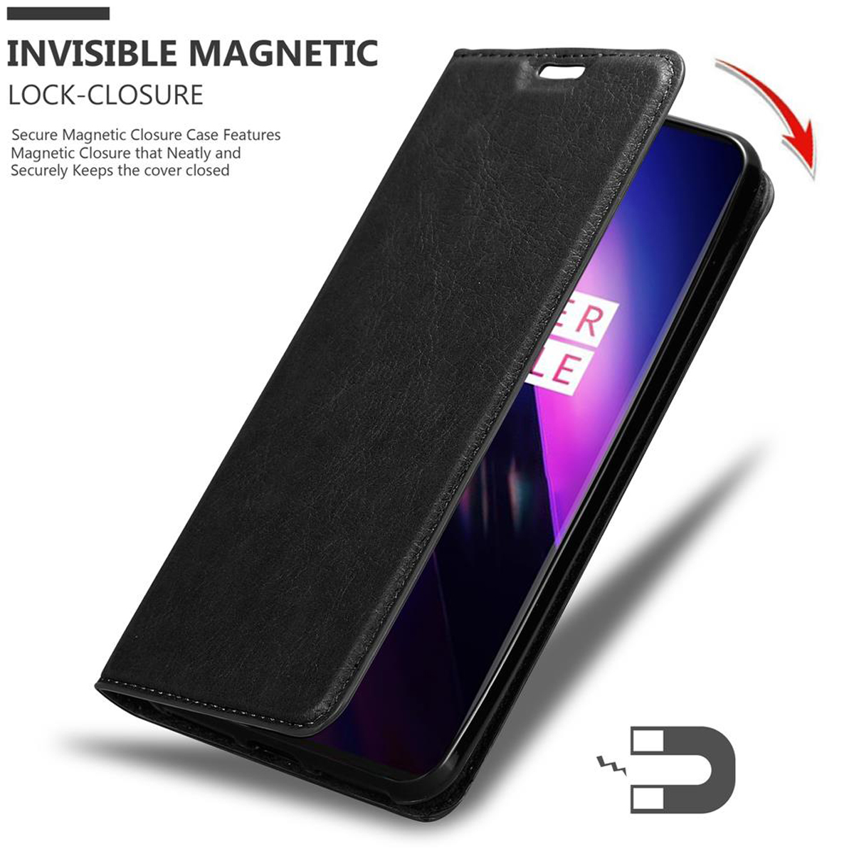Schwarze Handyhülle. Geöffnet, zeigt Telefonbildschirm mit Text. Magnetverschluss, Pfeil zeigt auf Magnet.