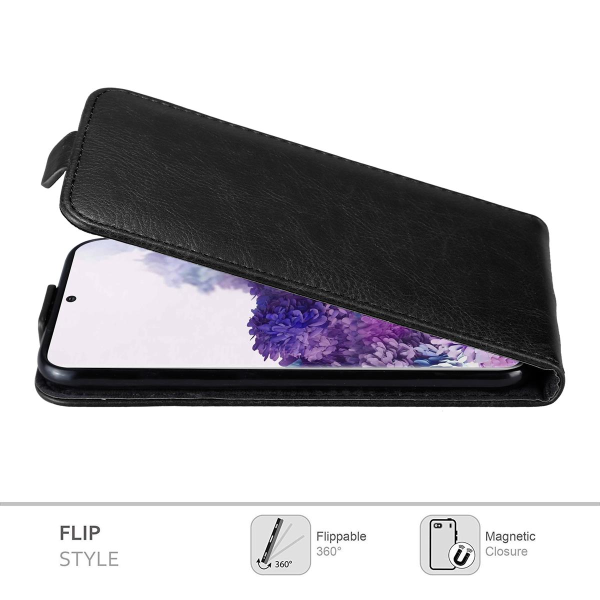 Custodia per telefono nera aperta, telefono all'interno, con stile a flip e chiusura magnetica.