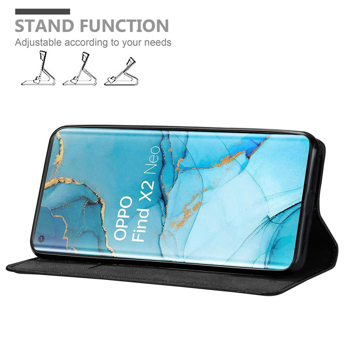 Custodia nera con telefono. Lo schermo mostra un design astratto blu. Testo: STAND FUNCTION.