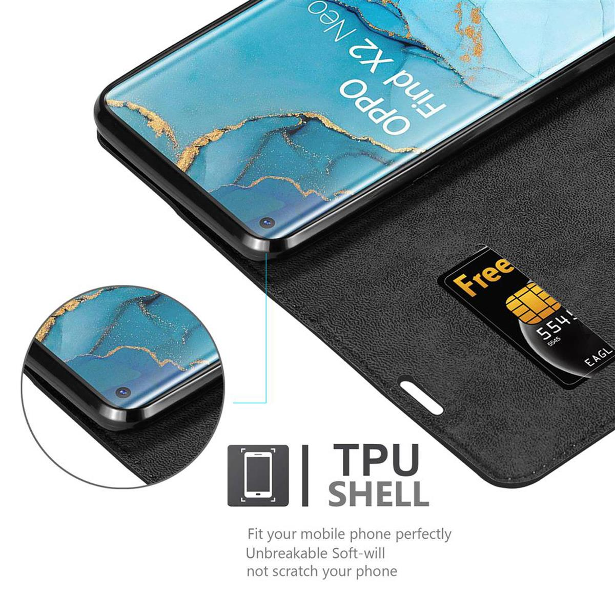 Un telefono nero in una custodia nera, con una SIM card e testo guscio TPU, su sfondo bianco.