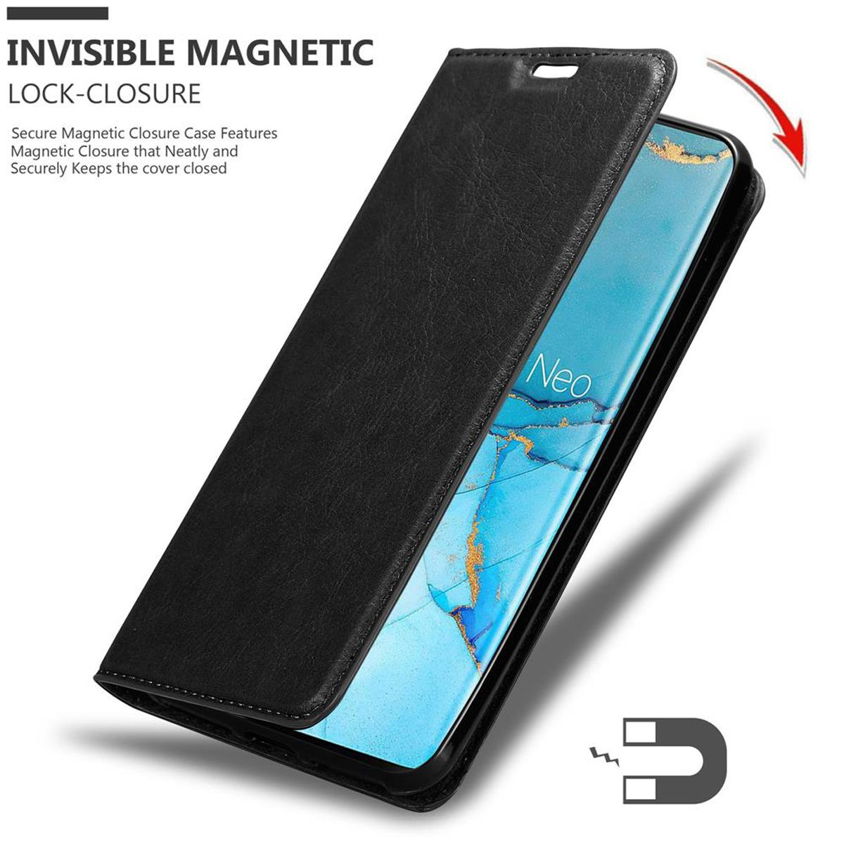 Custodia per telefono nera aperta, che mostra un telefono all'interno. La custodia ha una chiusura magnetica.