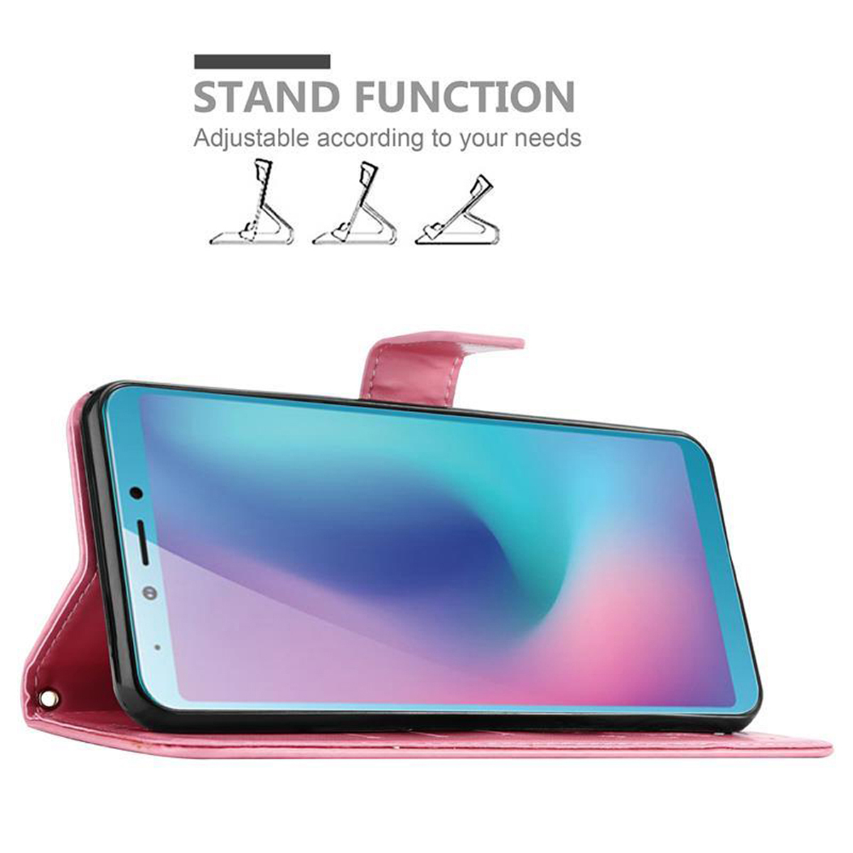 Telefono in custodia con supporto rosa. Custodia aperta. Funzione supporto con diagrammi.