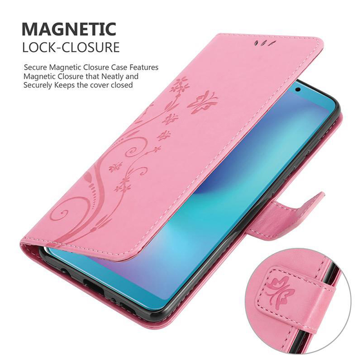 Custodia rosa con schermo del telefono. Viene mostrata la chiusura magnetica.
