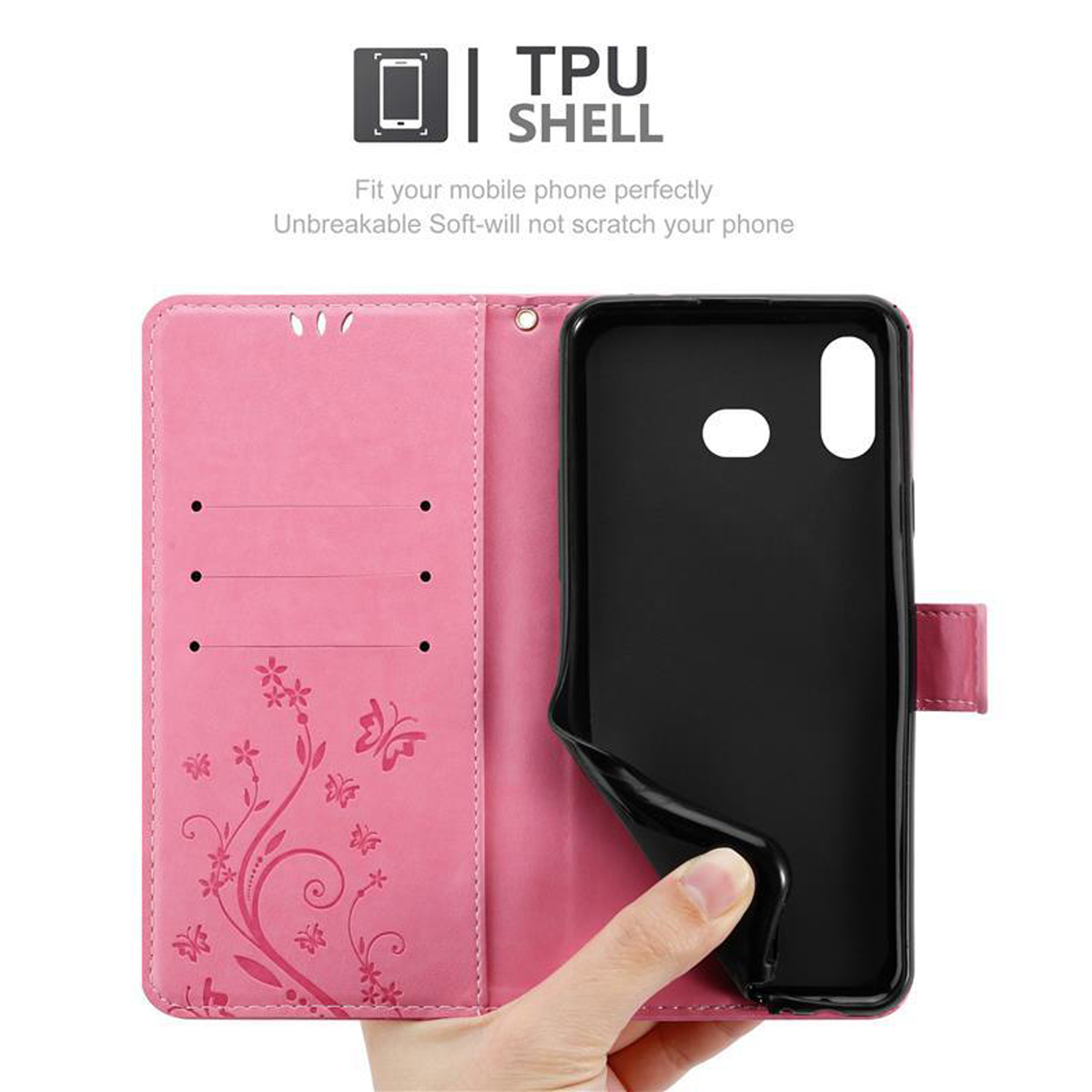 Custodia per telefono rosa aperta per mostrare un supporto per telefono nero, mano che tiene il telefono. Sovrapposizione di testo.