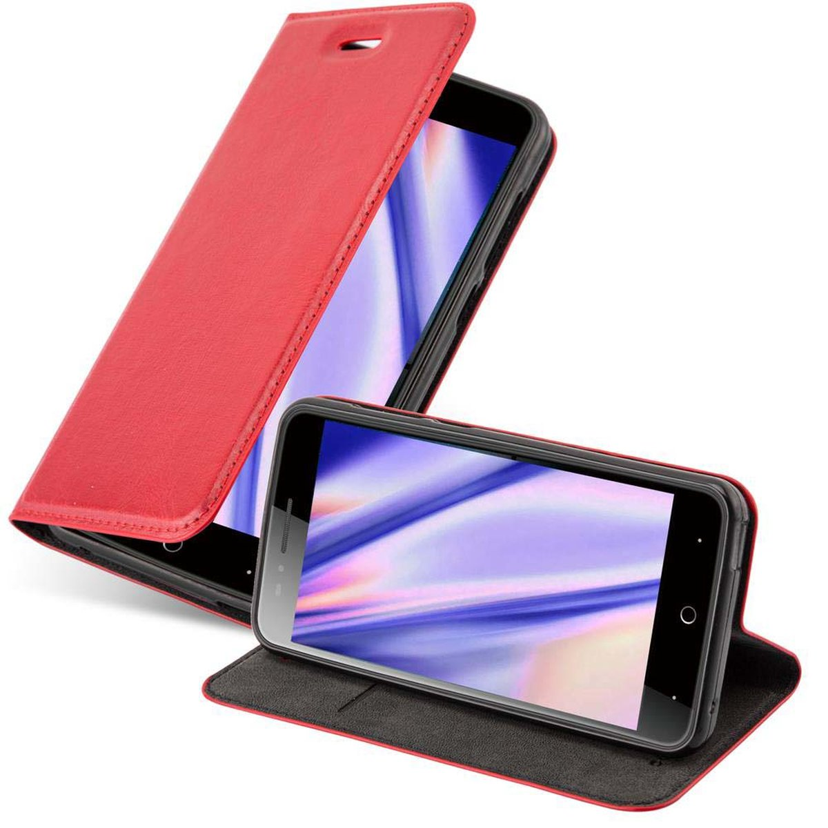 Custodia rossa con telefono nero all'interno, su sfondo bianco.