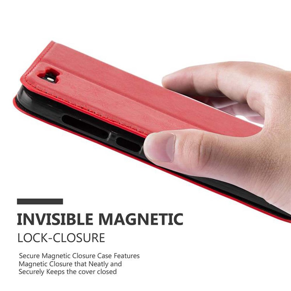 Custodia per telefono rossa con una mano che la tiene. Chiusura magnetica invisibile.