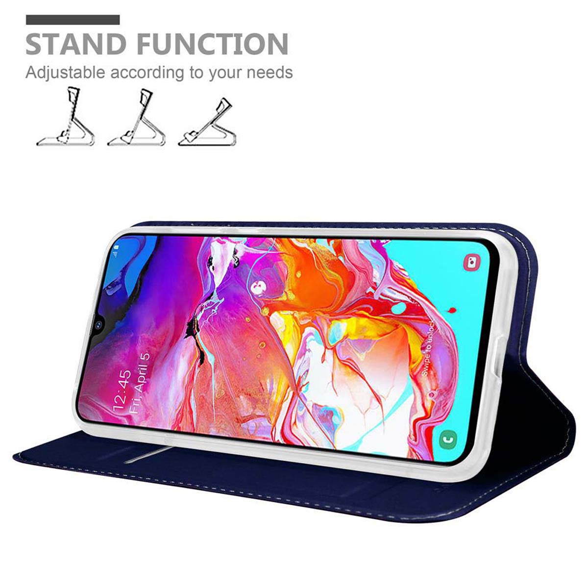 Custodia blu per telefono aperta, con telefono dentro. Funzione supporto mostrata. Supporto regolabile.