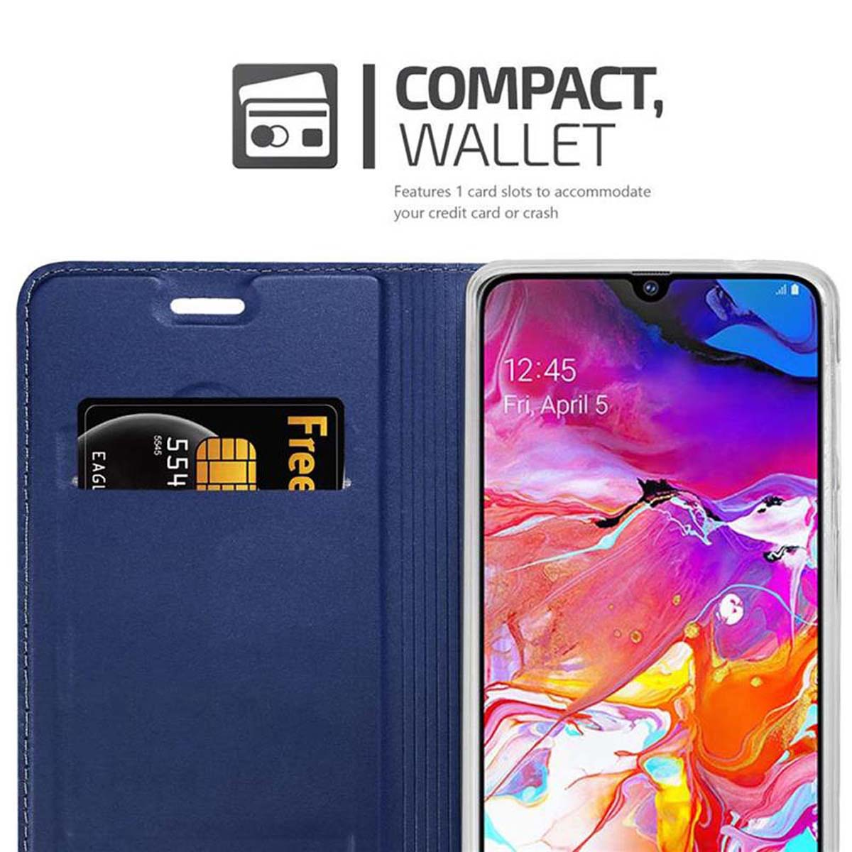 Custodia a portafoglio blu per telefono con fessura per carte e schermo del telefono visibile.