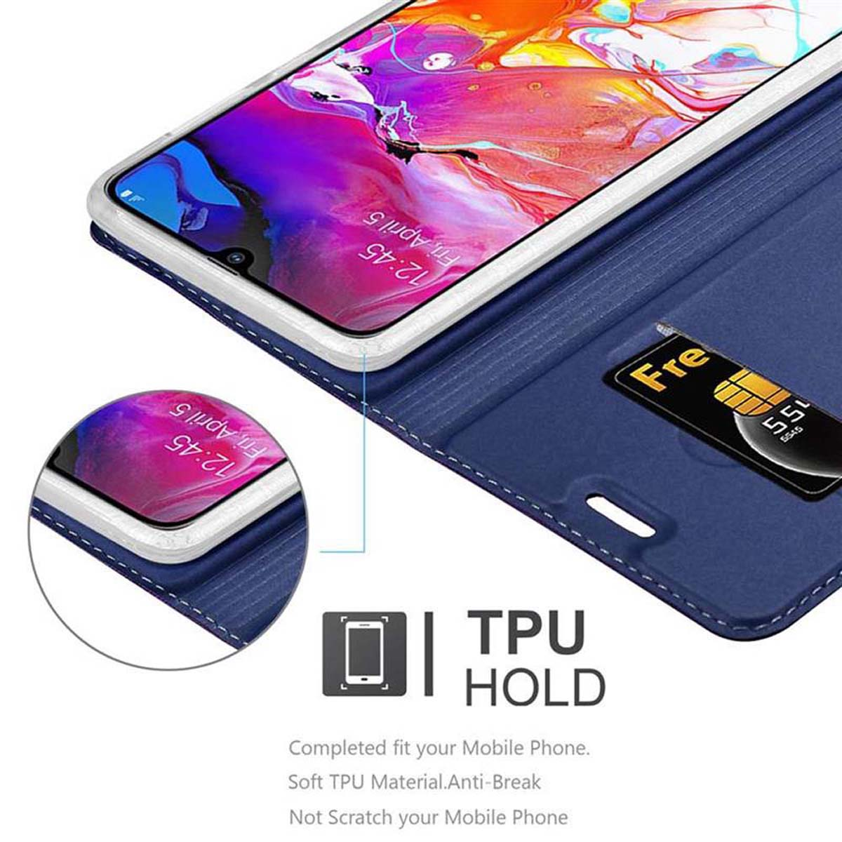 Telefono in custodia blu, aperto. SIM card visibile. Testo: 'TPU Hold' e 'Completo per il tuo cellulare'.