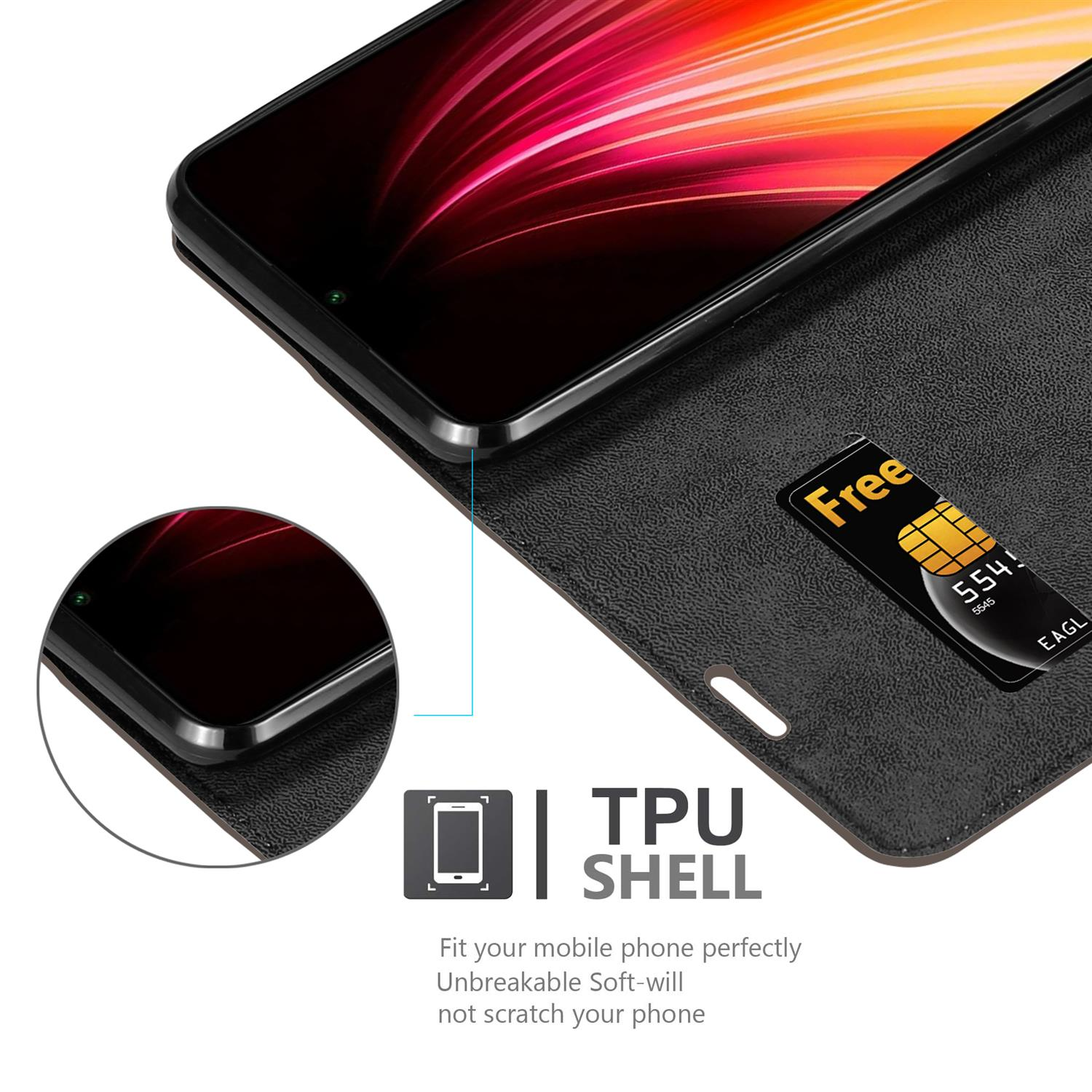 Eine schwarze Handyhülle mit einem Telefon darin. Außerdem ist eine Karte mit einem Free-Label und einem TPU SHELL-Label sichtbar.