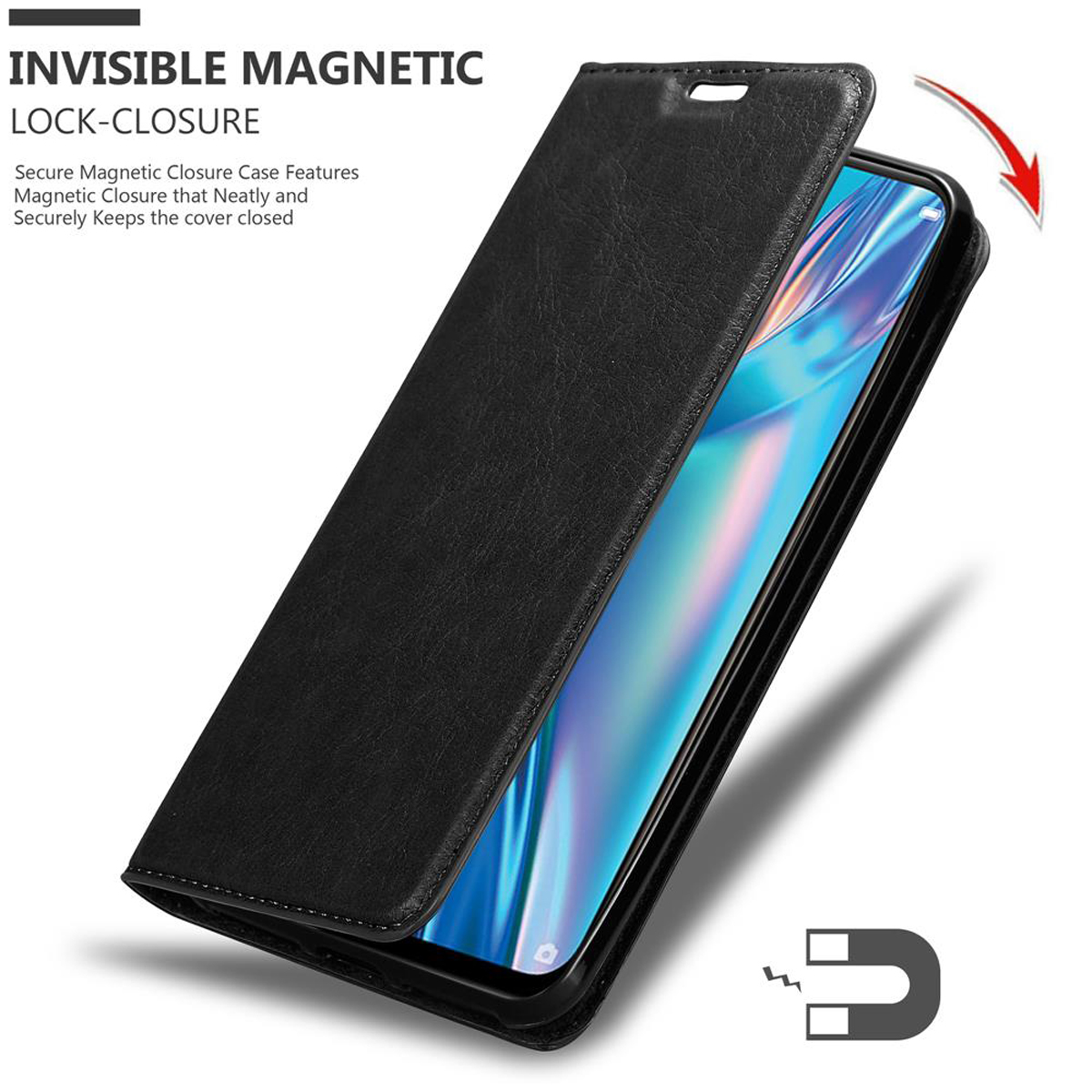 Custodia nera aperta. La custodia copre il telefono. Viene mostrato un magnete. Sfondo bianco.