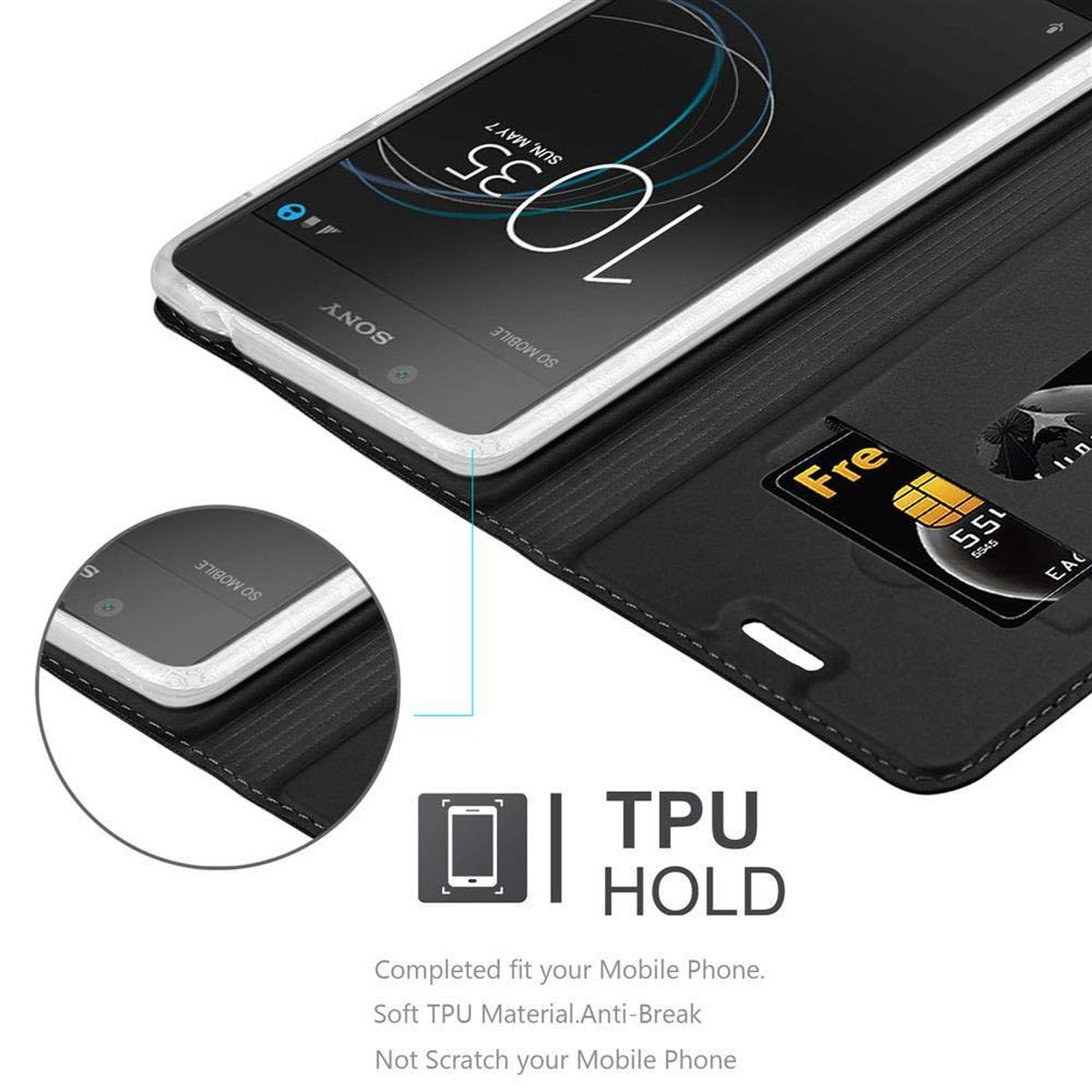 Custodia nera per telefono con telefono e carte. Testo: Supporto TPU, Vestibilità perfetta per il tuo cellulare.
