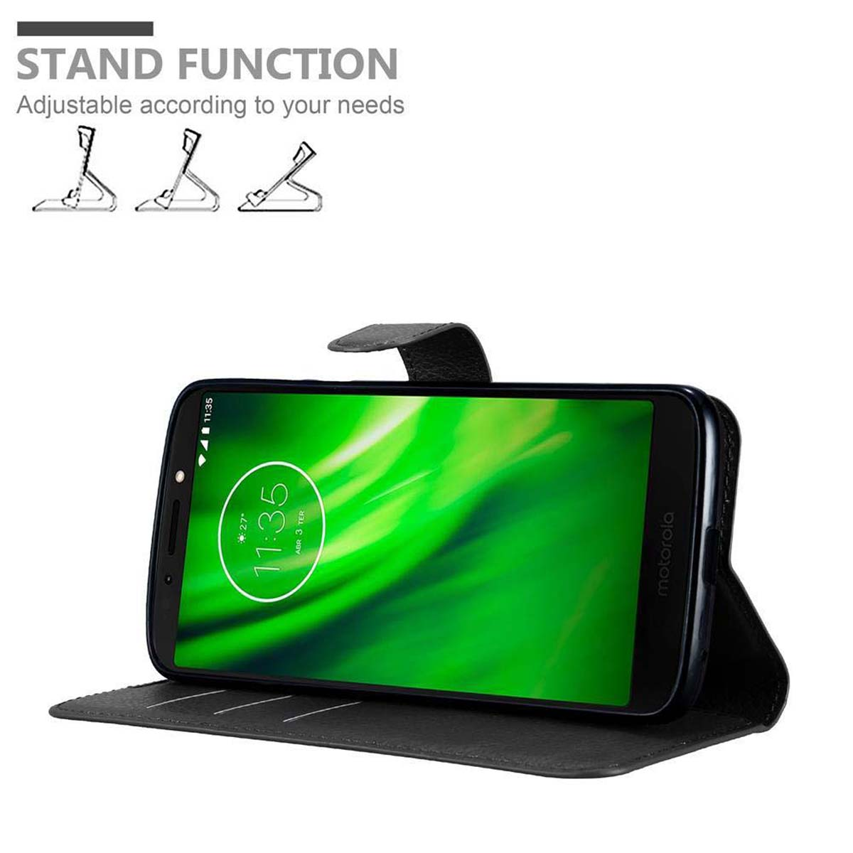 Telefono nero in una custodia, sollevato come supporto. Testo: Funzione supporto, Regolabile in base alle tue esigenze.