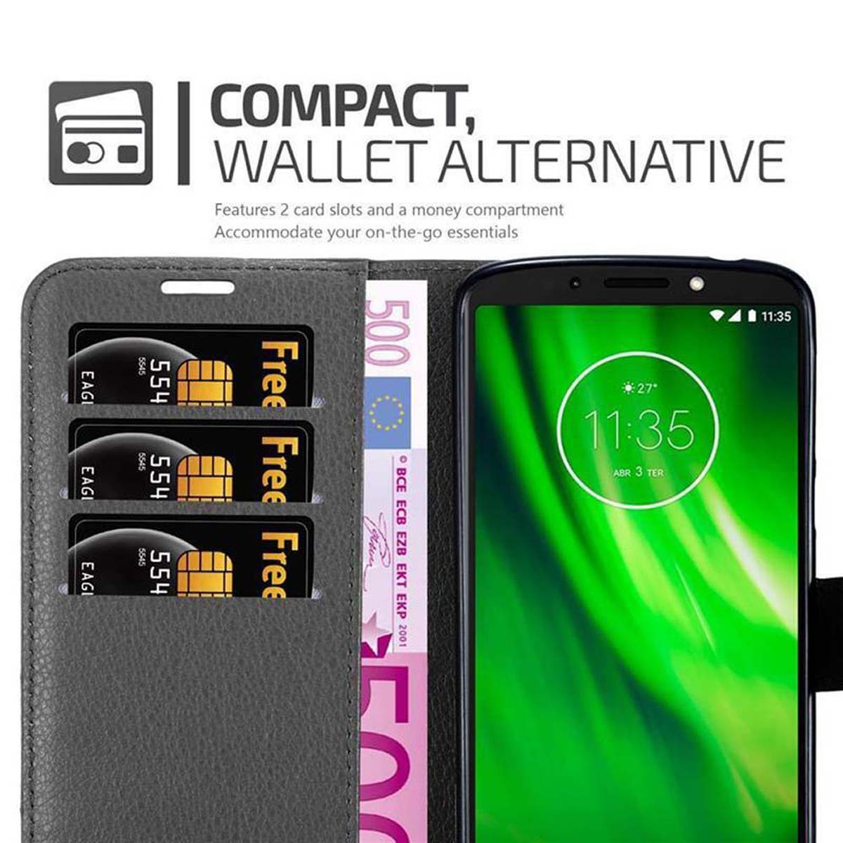 Custodia per telefono con fessure per carte e scomparto per soldi. Ora sullo schermo.